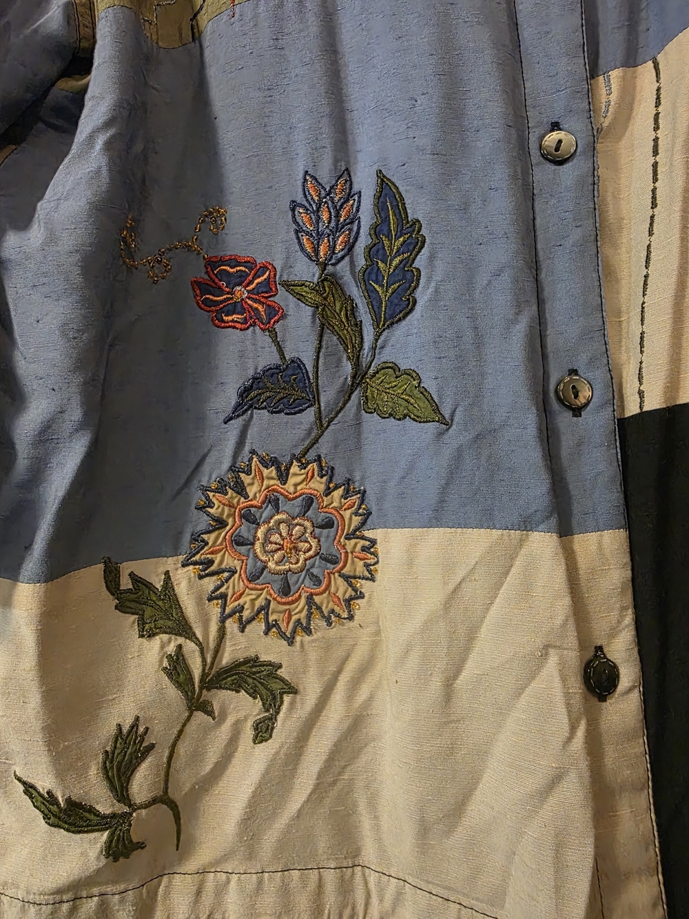 Patchwork Embroidered Button-Up Shirt Jacket - Blue, Black, Olive